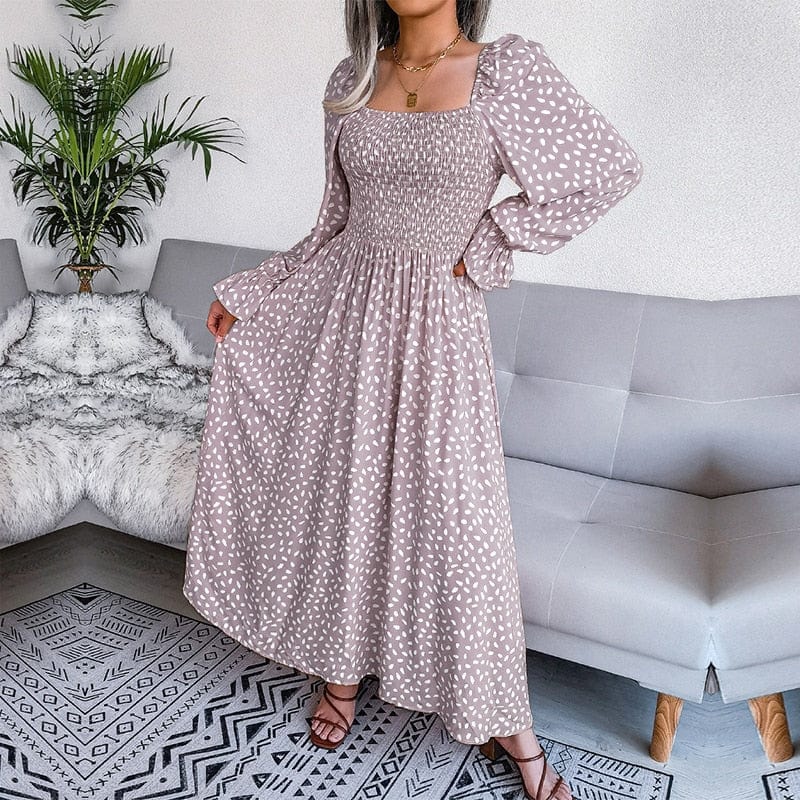 Lotte™ Elegante Beżowa Sukienka Maxi z Długim Rękawem