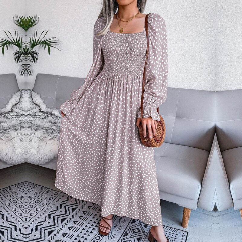 Lotte™ Elegante Beżowa Sukienka Maxi z Długim Rękawem